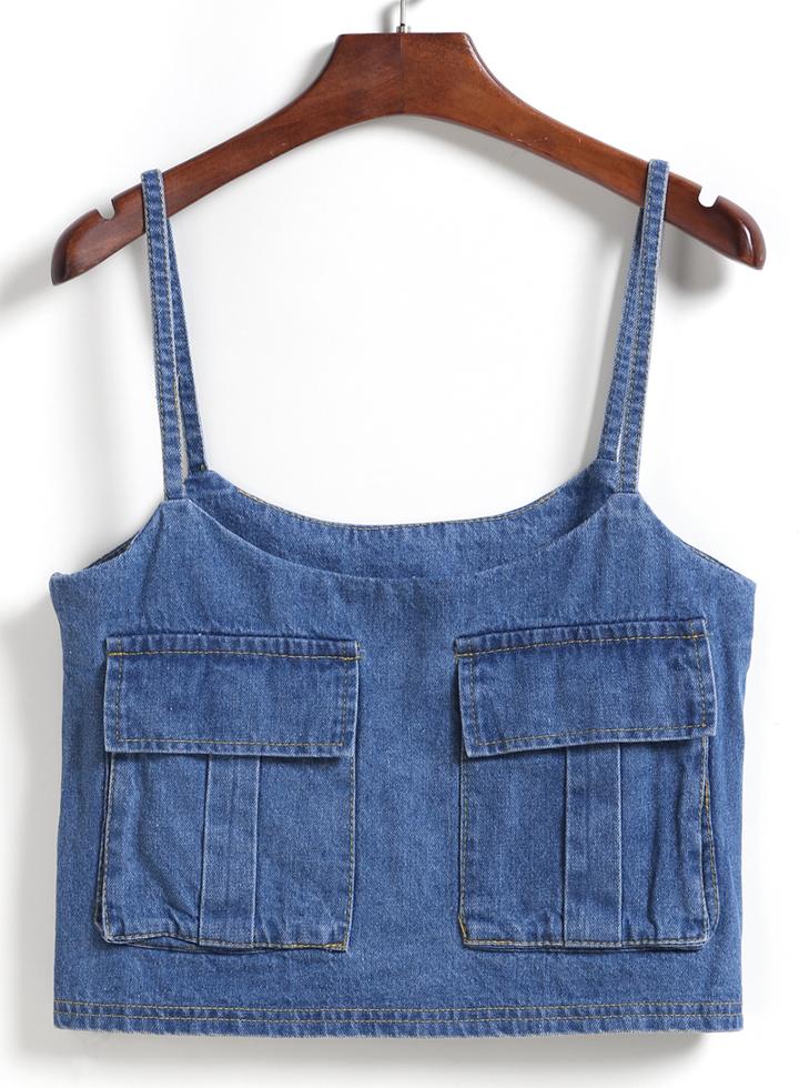 Romwe Spaghetti Strap With Pocket Denim Blue Cami Top
