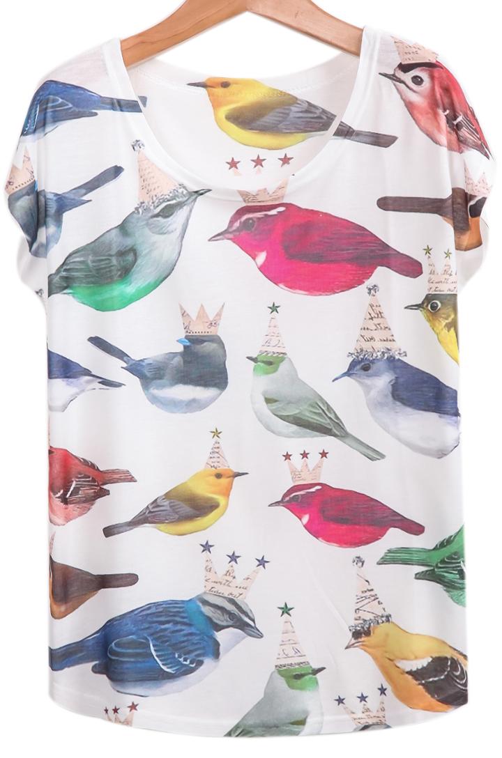 Romwe Birds Print Loose T-shirt