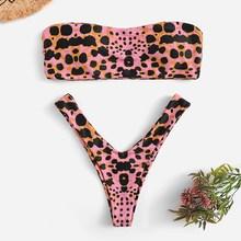 Romwe Leopard Bandeau With High Cut Bikini Set
