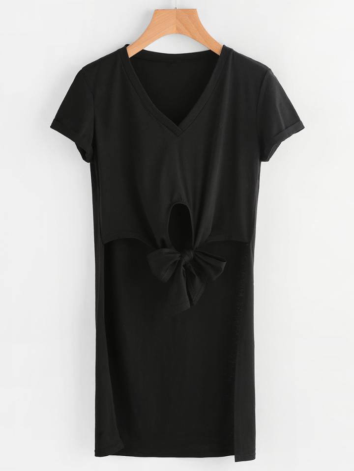 Romwe Dip Hem Knot Front Cuffed Tee