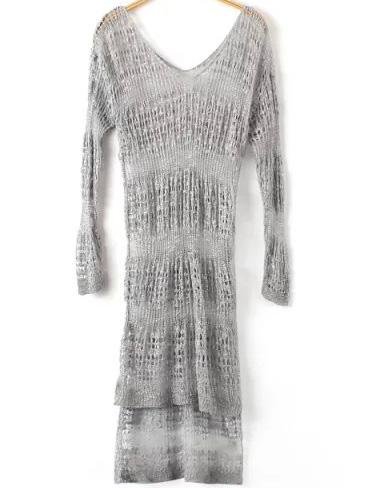 Romwe V Neck Hollow High Low Grey Dress