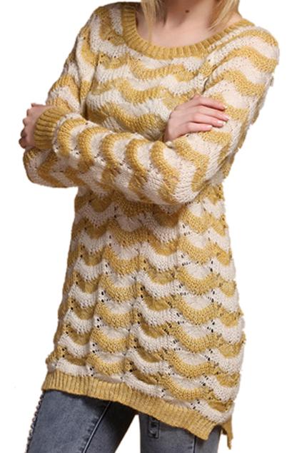 Romwe Hollow-out Striped Yellow Jumper