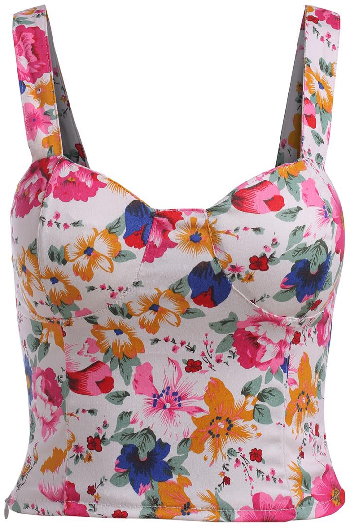 Romwe Spaghetti Strap Floral White Cami Top