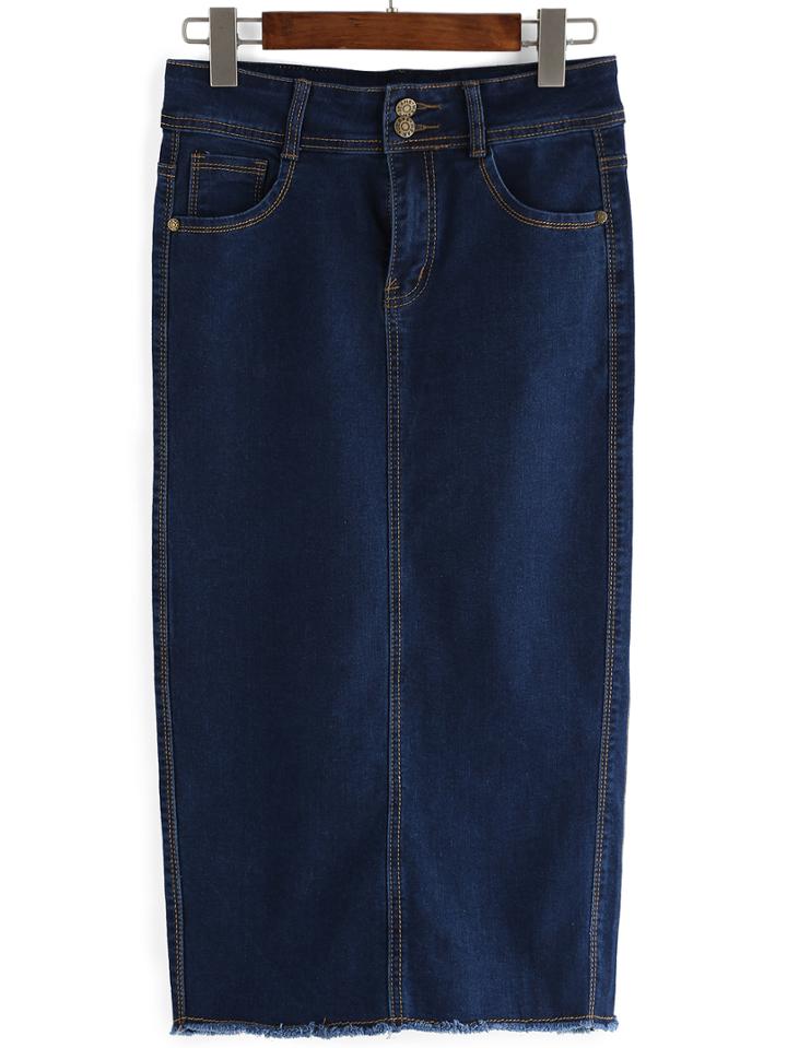 Romwe Split Back Frayed Denim Skinny Skirt