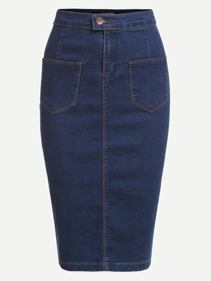Romwe Blue Dual Pocket Front Denim Pencil Skirt