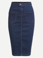 Romwe Blue Dual Pocket Front Denim Pencil Skirt