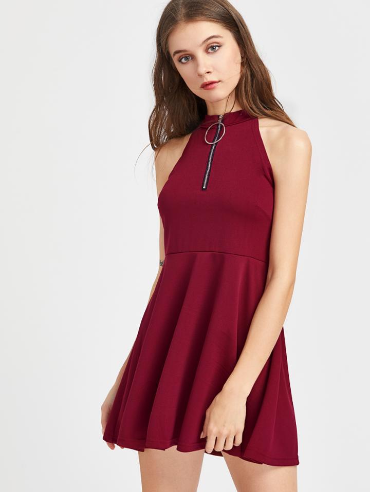 Romwe Ring Zip Pull Front A Line Dress