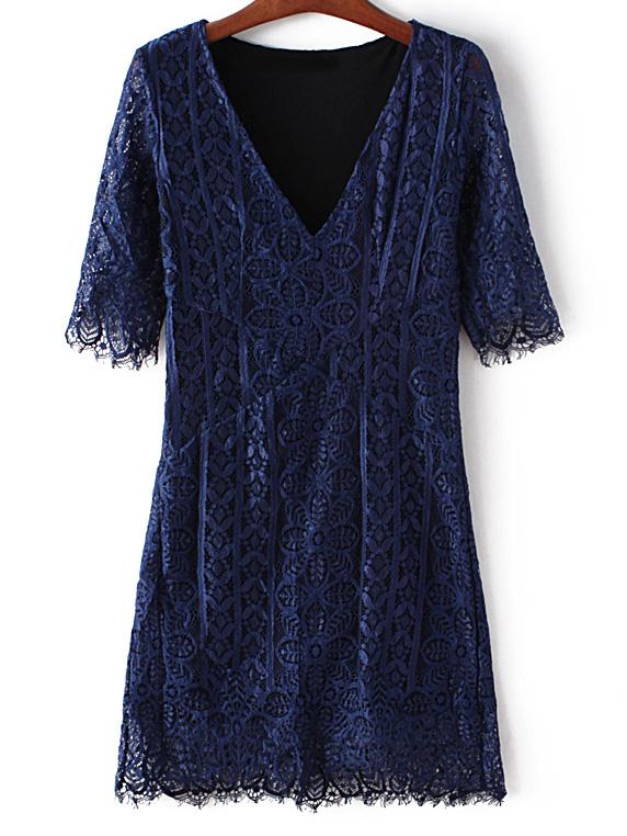 Romwe Navy V Neck Half Sleeve Lace Dress