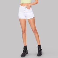 Romwe Ripped Button Fly Raw Hem Denim Shorts