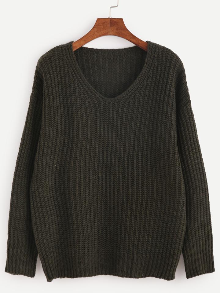 Romwe Dark Green V Neck Drop Shoulder Sweater