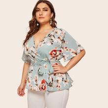 Romwe Plus Surplice Front Floral Print Blouse