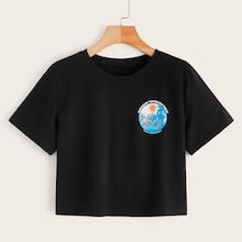 Romwe Scene & Slogan Print Crop Tee