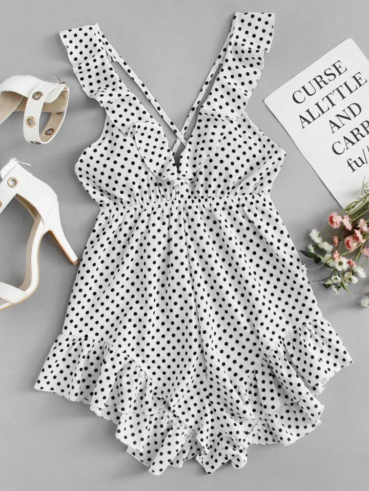 Romwe Ruffle Trim Polka Dot Romper