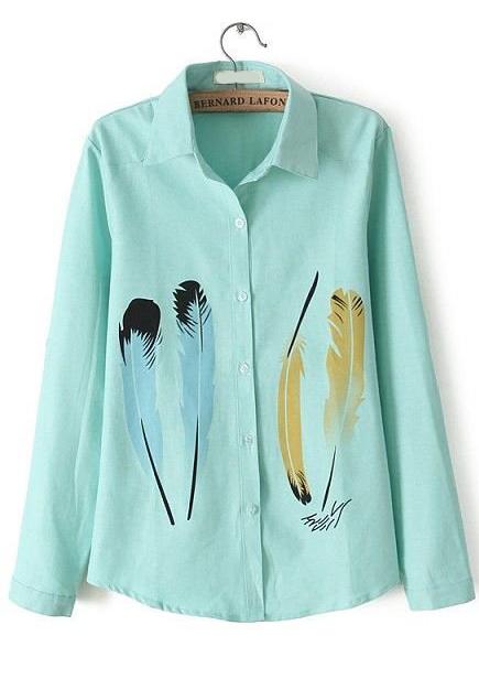 Romwe Feather Print Loose Green Blouse