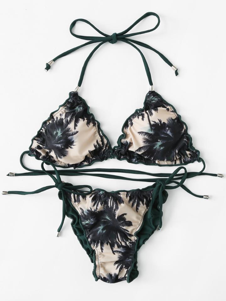 Romwe Self Tie Palm Print Bikini Set