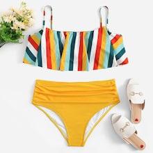 Romwe Plus Flounce Top With Ruched Bikini Set