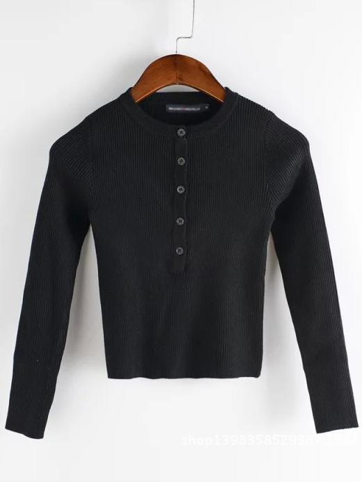Romwe Round Neck Buttons Slim Crop Black Knitwear