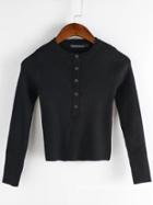 Romwe Round Neck Buttons Slim Crop Black Knitwear