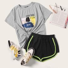 Romwe Heather Grey Graphic Tee & Dolphin Shorts Set