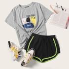 Romwe Heather Grey Graphic Tee & Dolphin Shorts Set