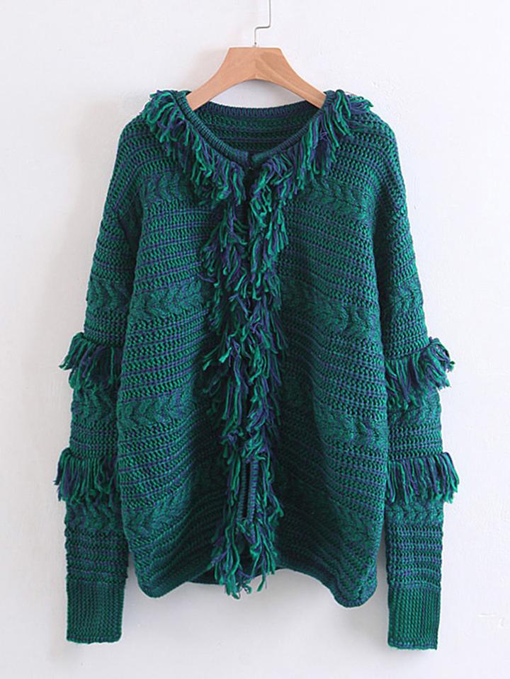 Romwe Cable Knit Detail Fringe Trim Cardigan