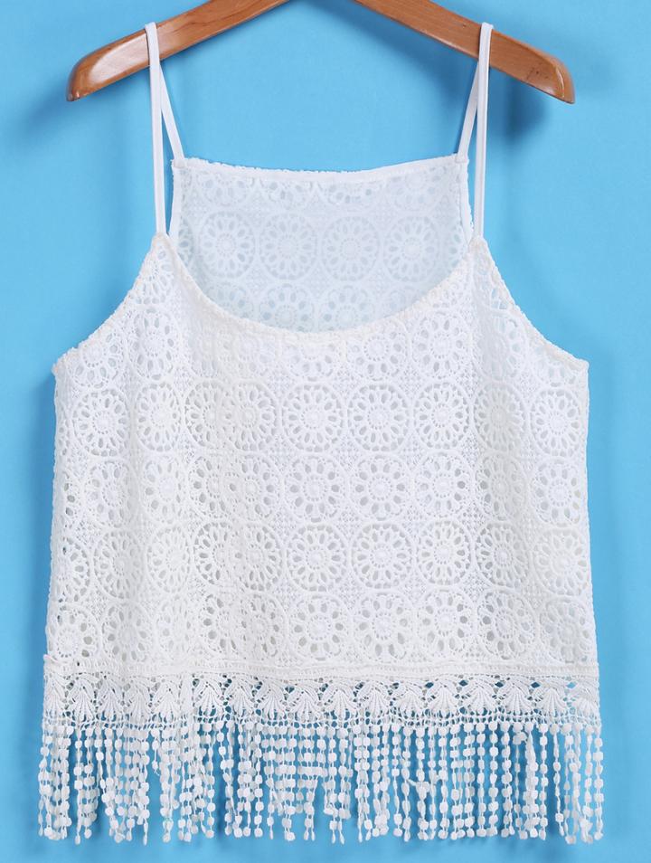 Romwe Spaghetti Strap Lace Embroidered Tassel Cami Top