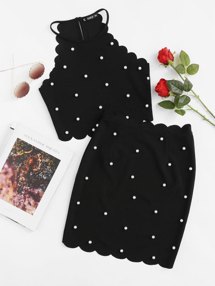 Romwe Pearl Beading Scalloped Halter Top & Skirt Set
