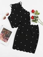 Romwe Pearl Beading Scalloped Halter Top & Skirt Set