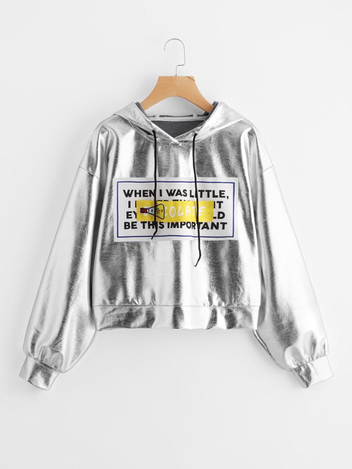 Romwe Letter Print Patch Detail Hoodie