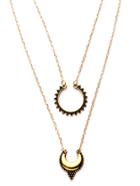 Romwe Antique Gold Double Layer Moon Design Pendant Necklace