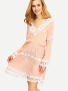 Romwe Pink Plunge Contrast Lace Hem Dress