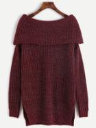 Romwe Burgundy Marled Knit Foldover Off The Shoulder Slit Sweater