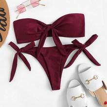 Romwe Tie Front Bandeau With Tie Side Bikini Set