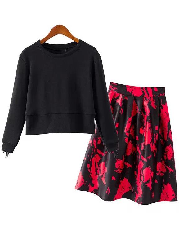 Romwe Black Long Sleeve Crop Sweatshirt With Red Skirt