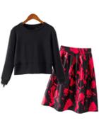 Romwe Black Long Sleeve Crop Sweatshirt With Red Skirt