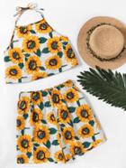 Romwe Sunflower Print Random Crop Top And Shorts Set