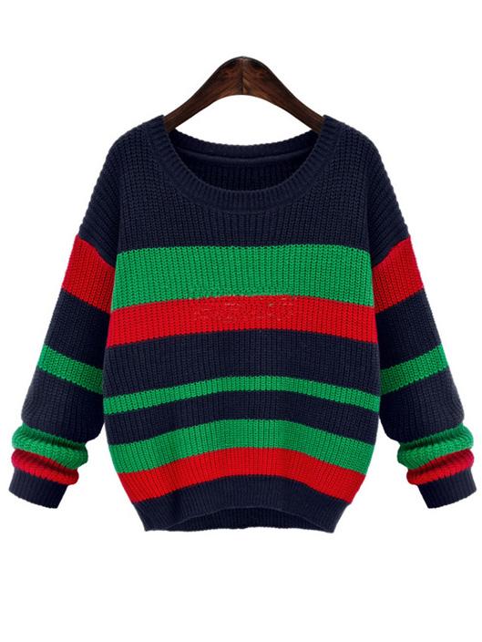 Romwe Round Neck Striped Loose Color-block Sweater