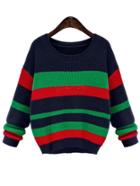 Romwe Round Neck Striped Loose Color-block Sweater