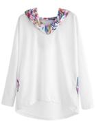 Romwe White Contrast Floral Detail Pockets Hooded Sweatshirt