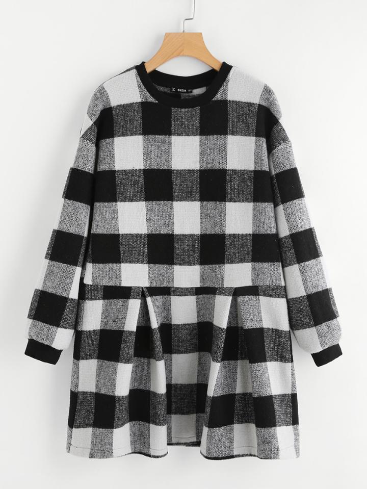 Romwe Drop Shoulder Gingham Fold Pleat Hem Dress