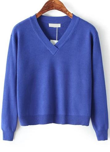 Romwe Solid V Neck Blue Knit Sweater