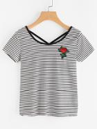 Romwe Embroidery Front Criss Cross Back Striped Tee