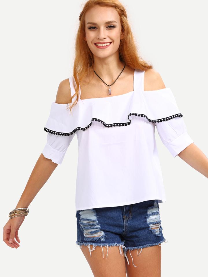 Romwe Pom Pom Trimmed Flounce Cold Shoulder Blouse - White