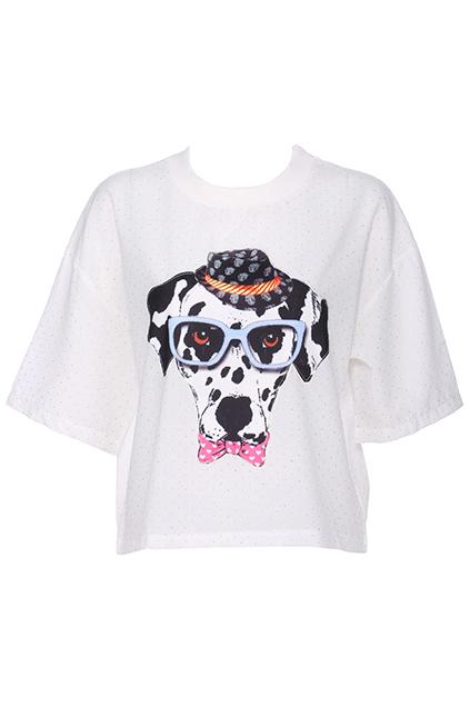 Romwe Dalmatian Head Stitching White Short-sleeved T-shirt