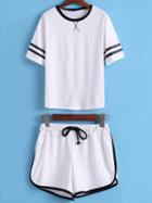 Romwe Contrast Collar Short Sleeve Top With Drawstring White Shorts