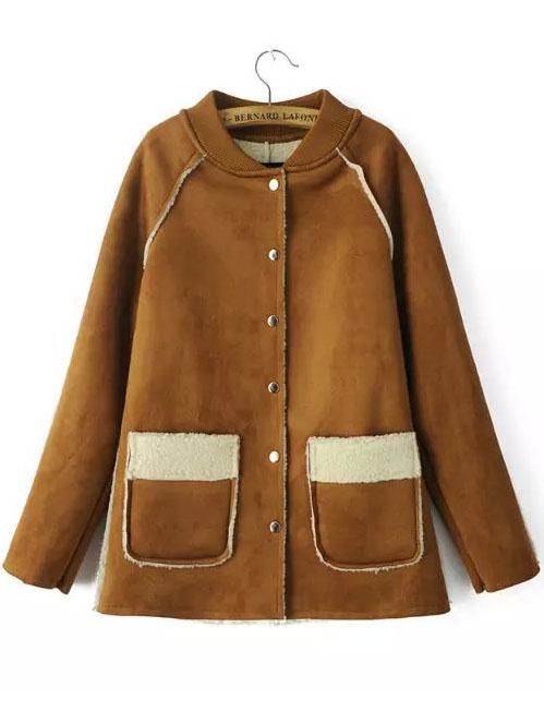 Romwe Stand Collar Pockets Khaki Coat