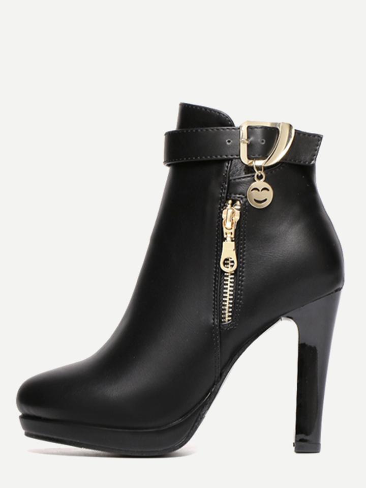 Romwe Black Pu Buckle Strap Zipper Ankle Boots
