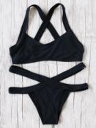 Romwe Black Criss Cross Detail Sexy Bikini Set