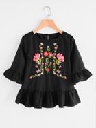 Romwe Buttoned Keyhole Back Flower Embroidered Ruffle Top