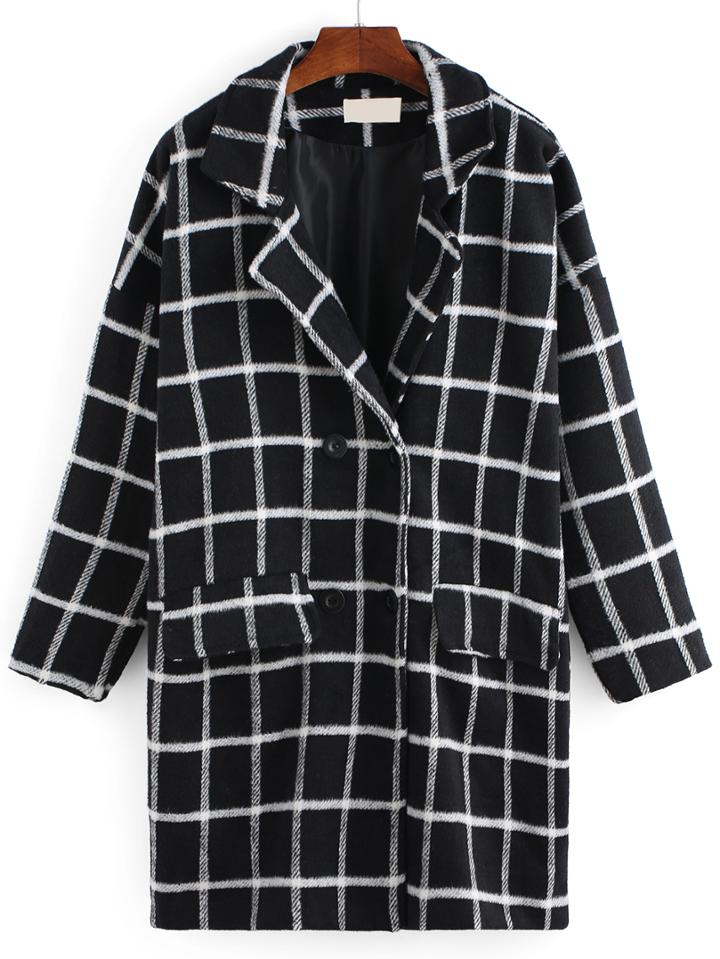 Romwe Lapel Plaid Buttons Pockets Loose Coat